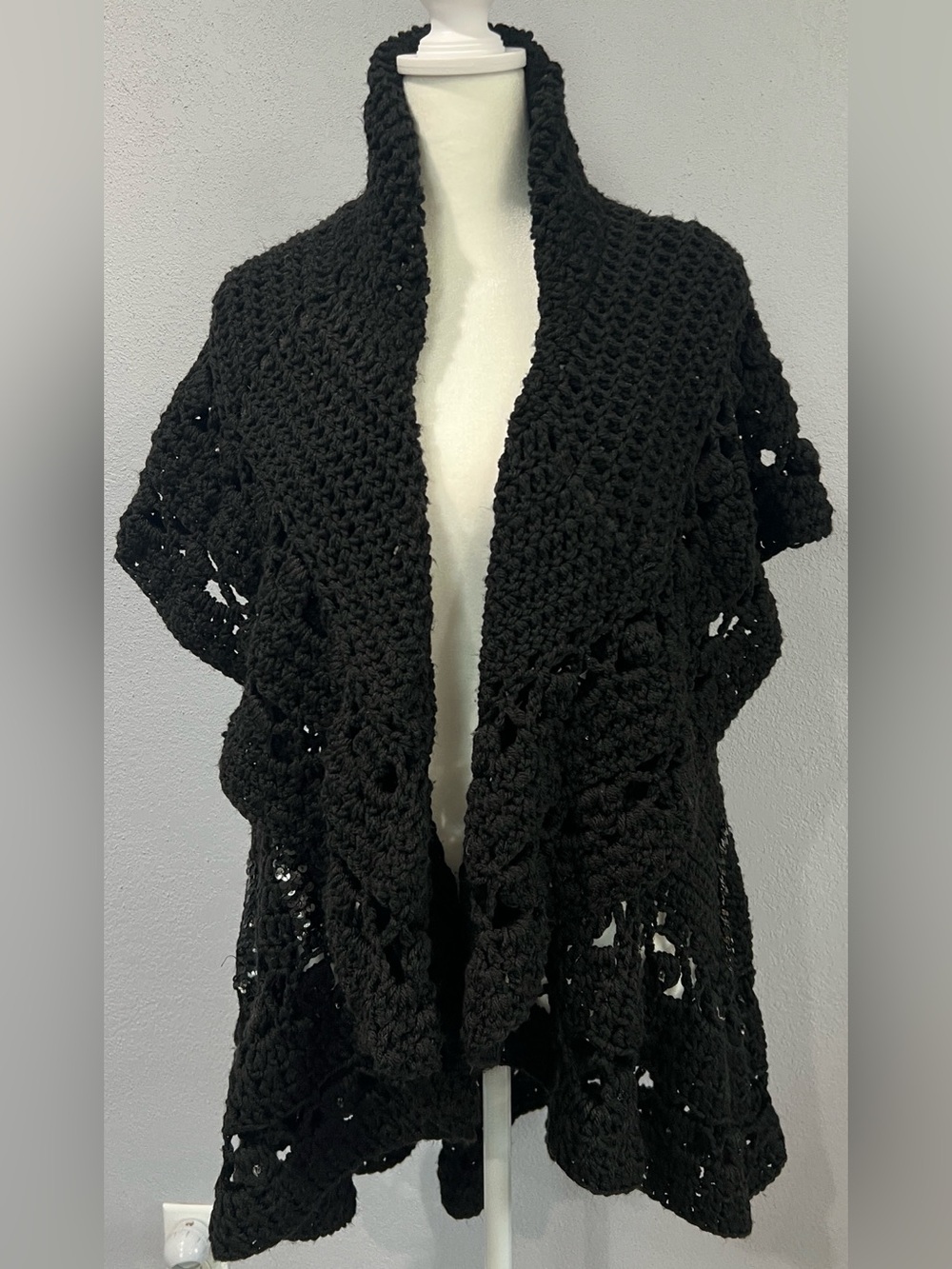 Black Crochet Handmade Classic Open-Front Women's Sweater Shawl